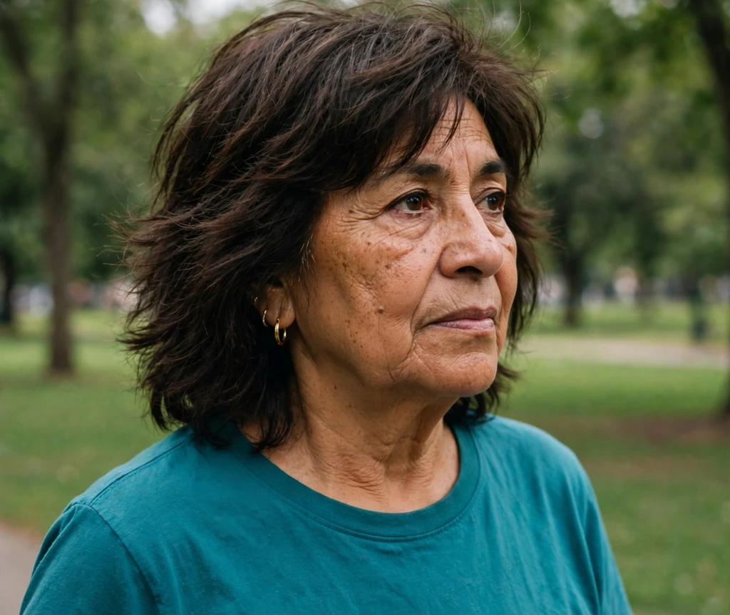 Woman over 50 with a shoulder-length shag haircut