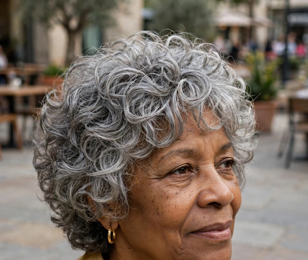 Woman over 50 with a curly gray shag haircut