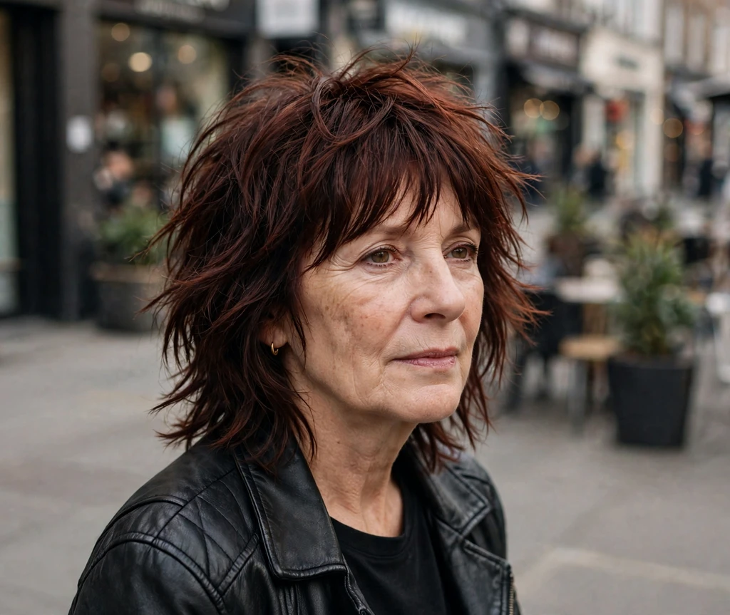 Woman over 50 with a razored shag haircut