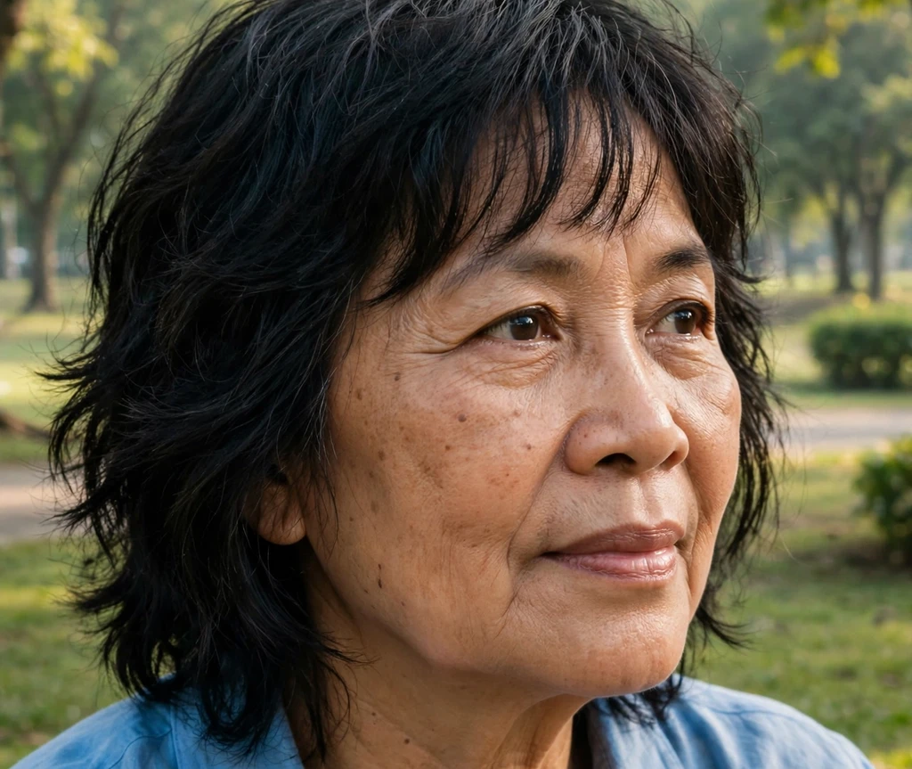 Woman over 50 with a shag haircut and wispy bangs