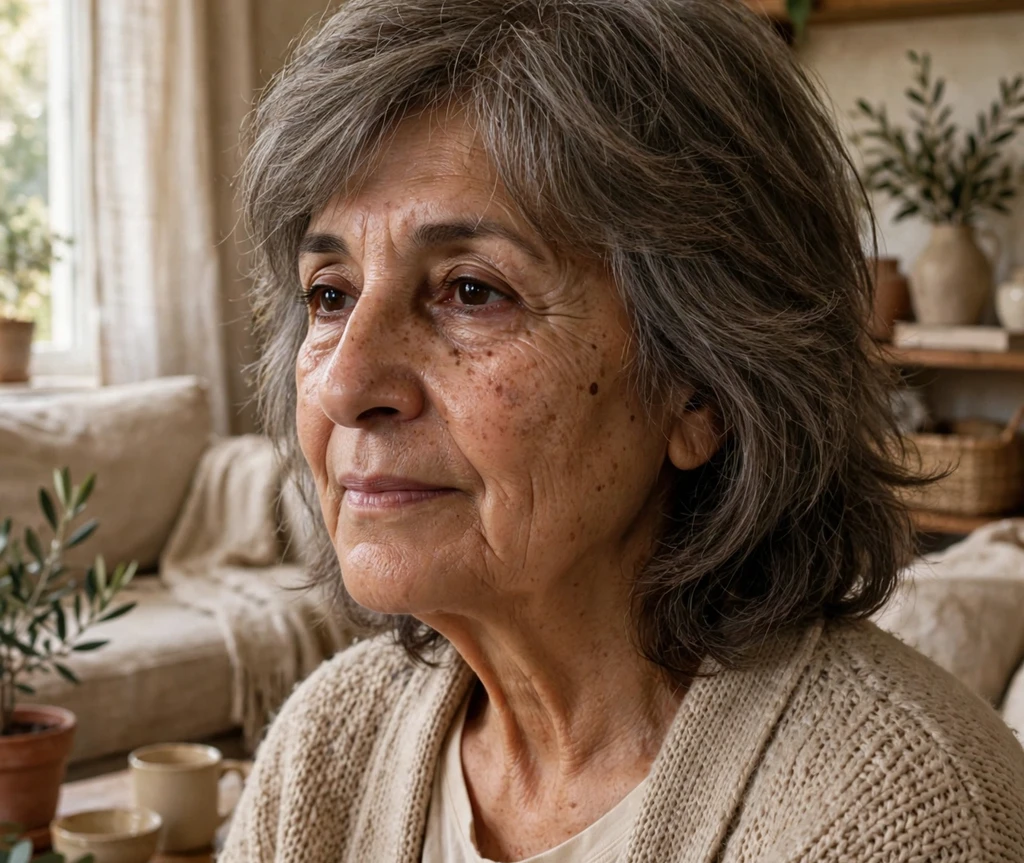 Woman over 50 with a medium shag haircut with blended layers