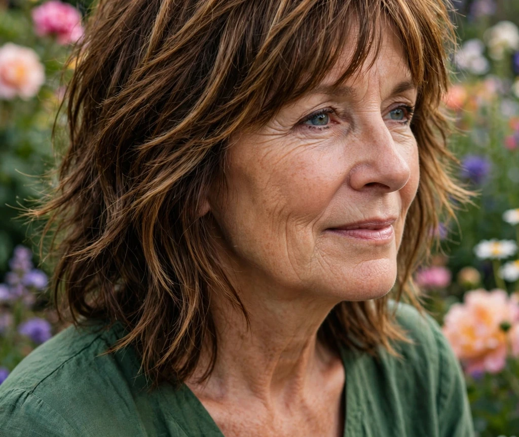 Woman over 50 with a shag haircut featuring caramel highlights