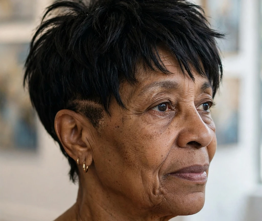 Woman over 50 with an edgy shag haircut and subtle undercut