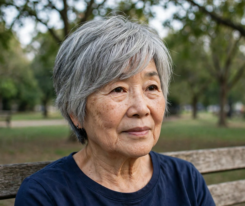 Woman over 50 with a soft shag haircut and side-swept bangs
