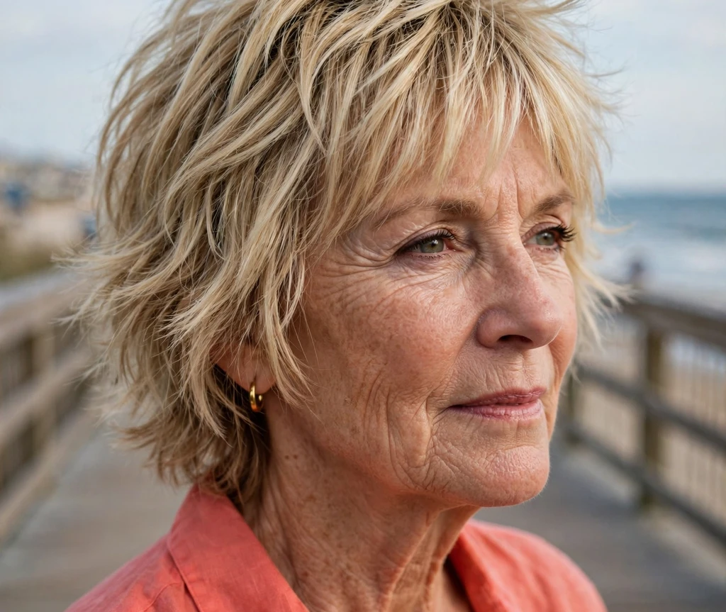Woman over 50 with a shag haircut featuring choppy ends
