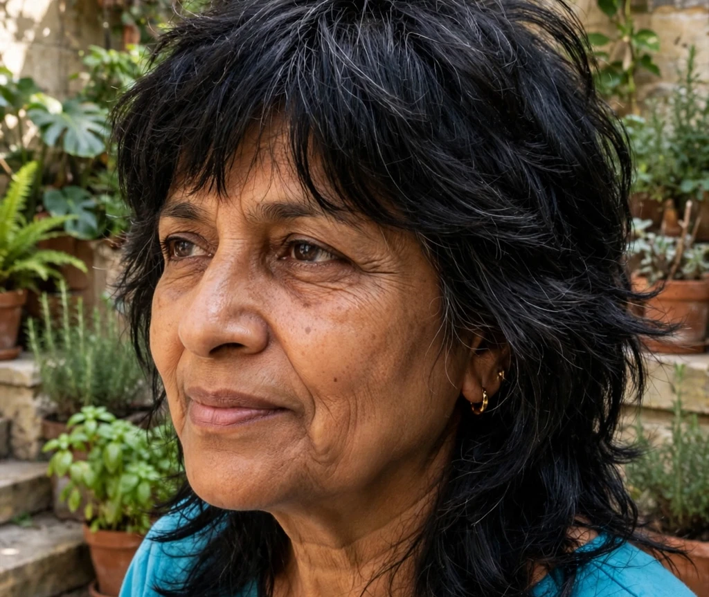 Woman over 50 with thick hair in a shag haircut