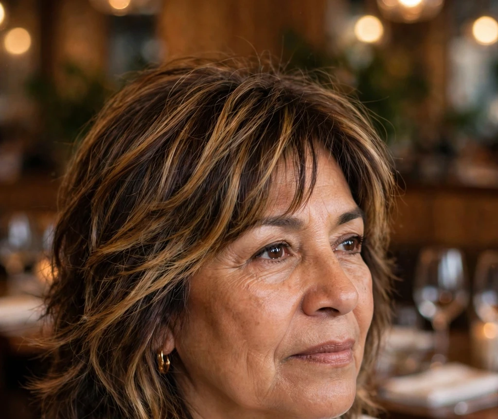 Woman over 50 with a shag haircut featuring balayage color