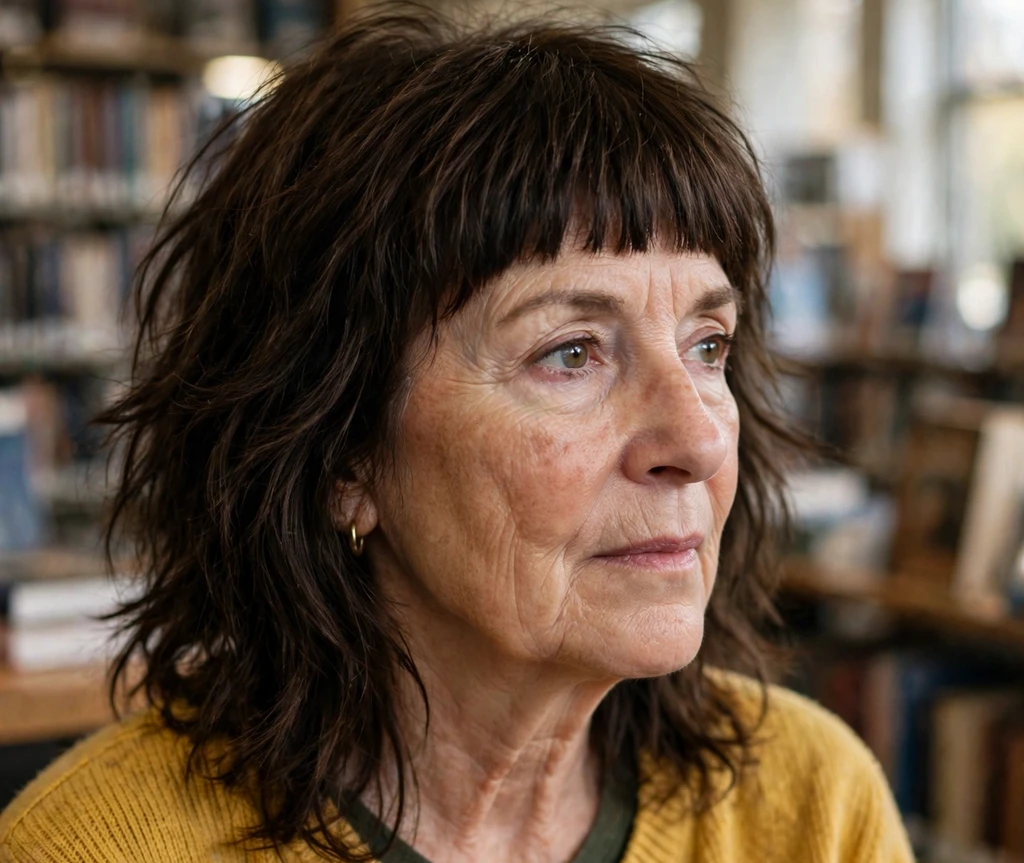 Woman over 50 with a shag haircut and blunt bangs