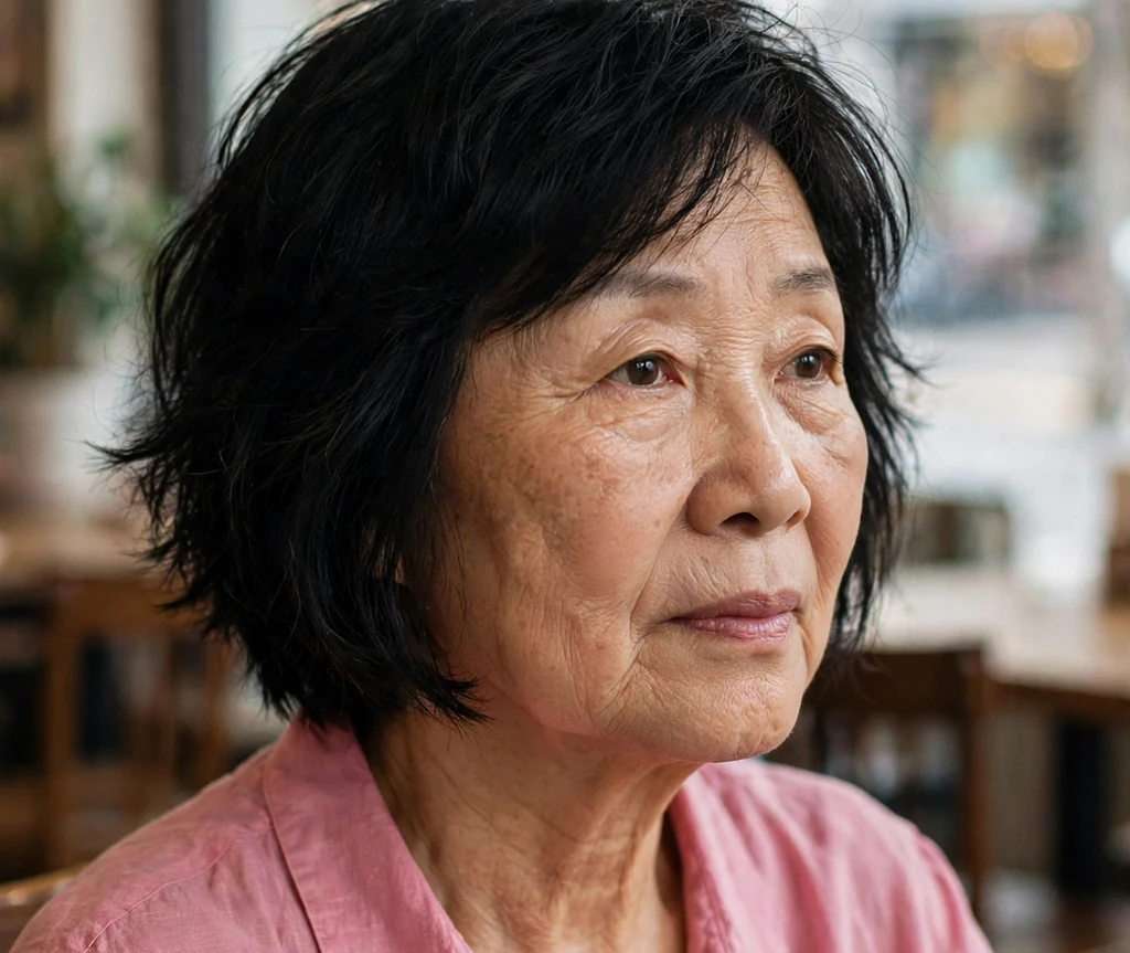 Woman over 50 with a chin-length shag haircut