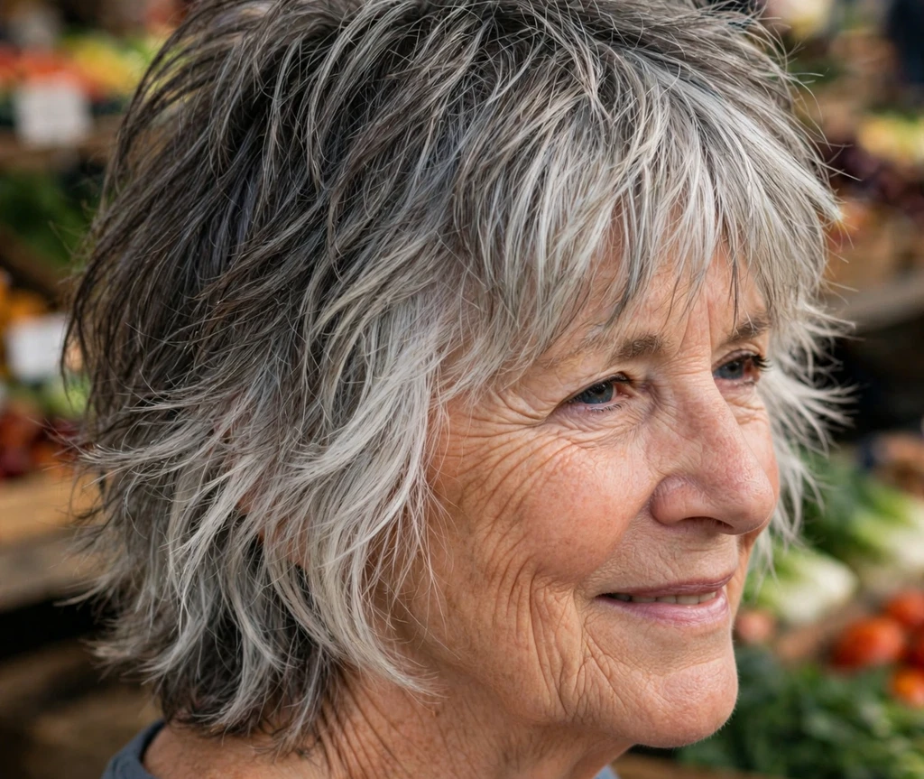 Woman over 50 with a gray shag haircut and dark roots