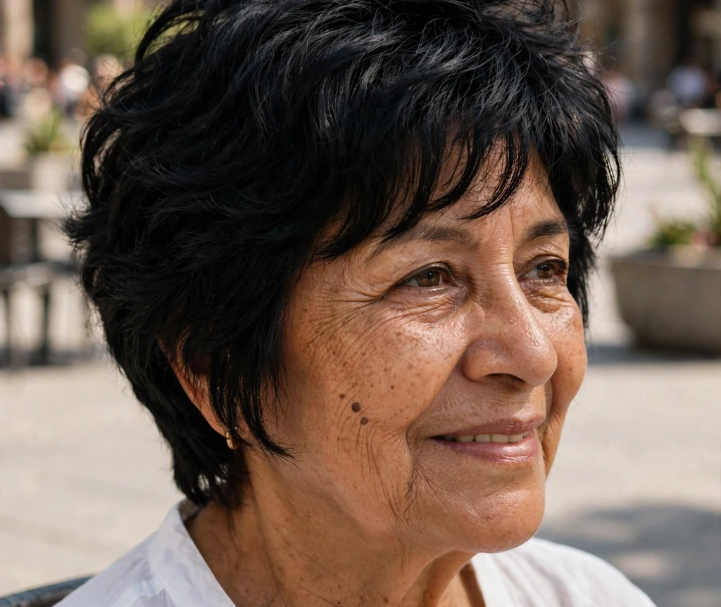 Woman over 50 with a shag haircut featuring a tapered nape