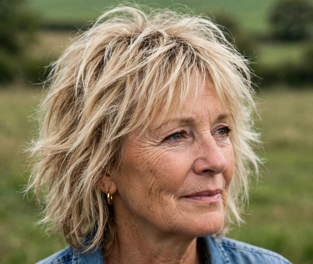 Woman over 50 with a messy textured shag haircut