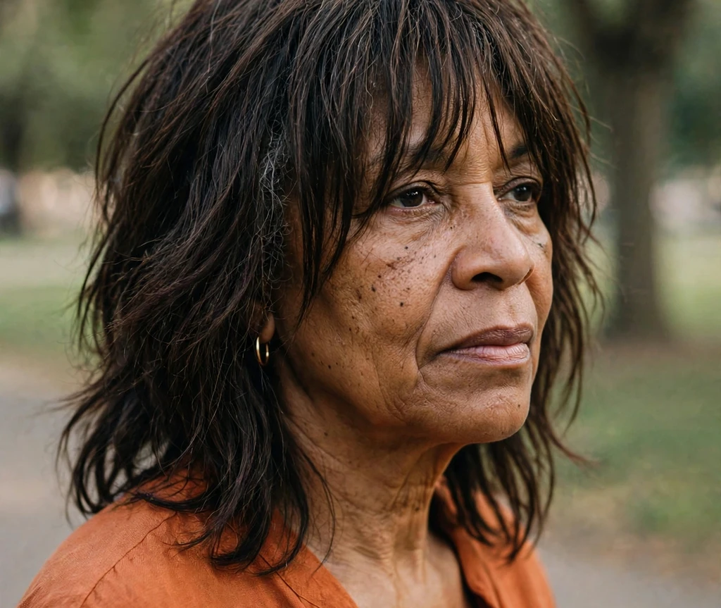 Woman over 50 with a shag haircut and long bangs