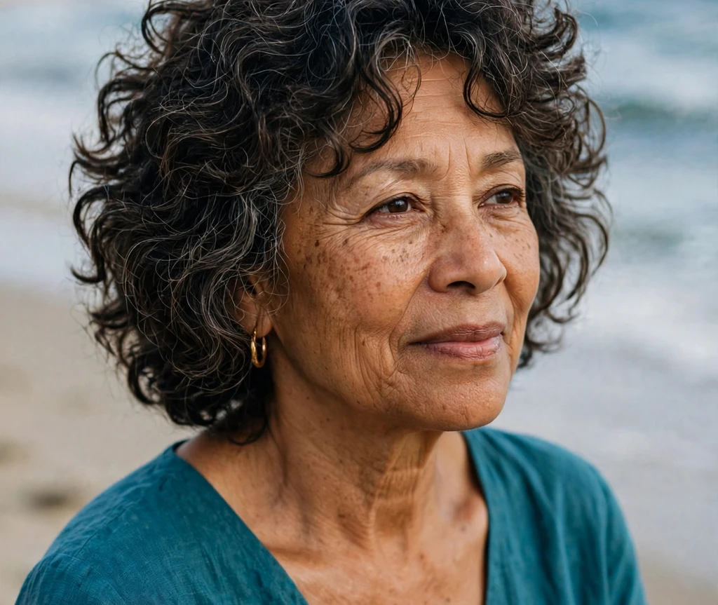 Woman over 50 with naturally curly hair in a shag haircut
