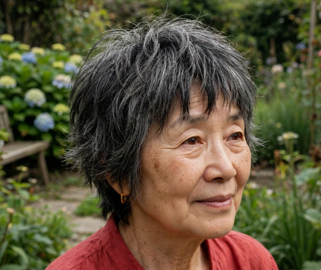 Woman over 50 with a short shag haircut and textured fringe