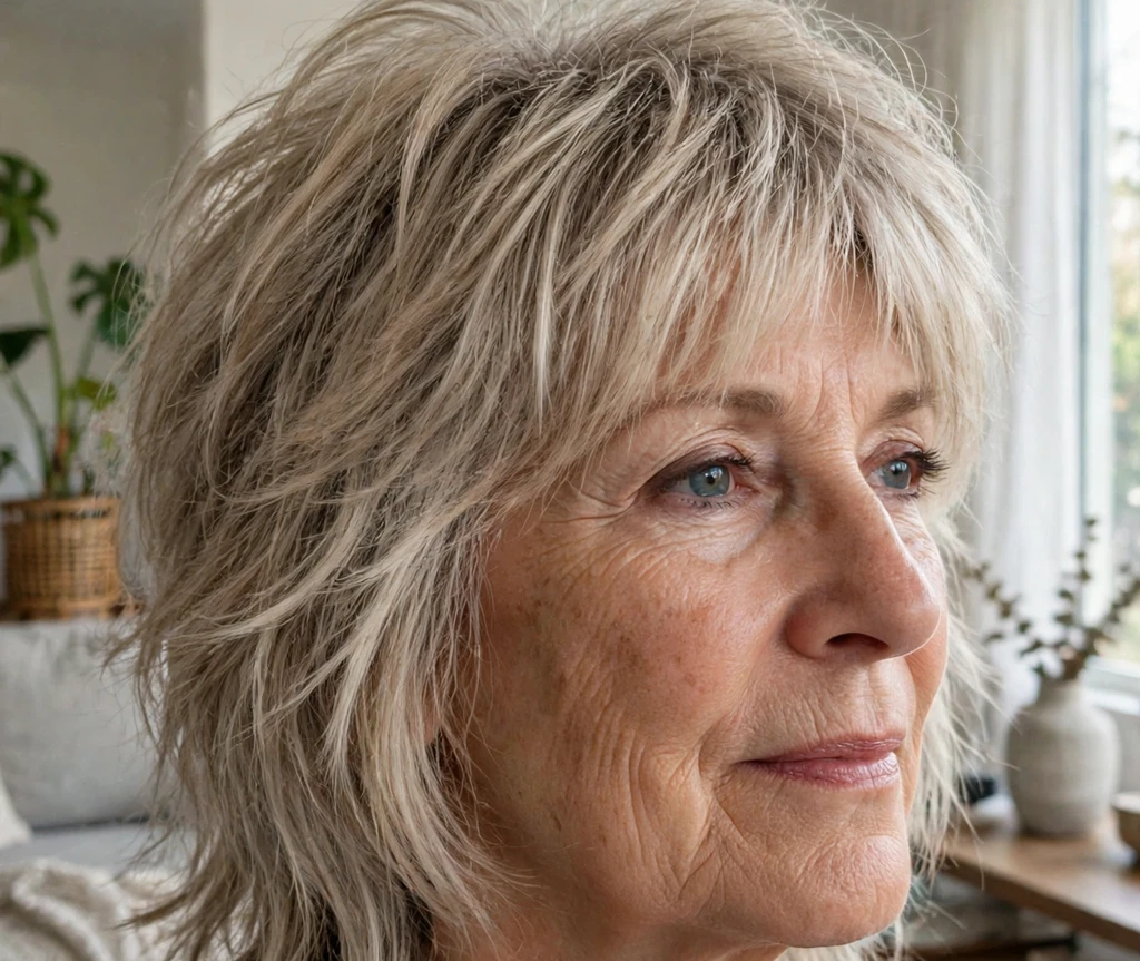 Woman over 50 with a modern shag haircut in ash tones