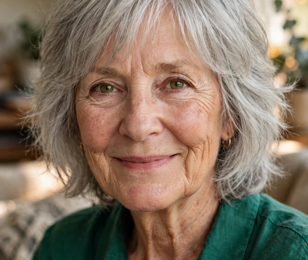 Classic layered shag on silver-gray hair, woman in her late 60s, emerald blouse, sunlit living room