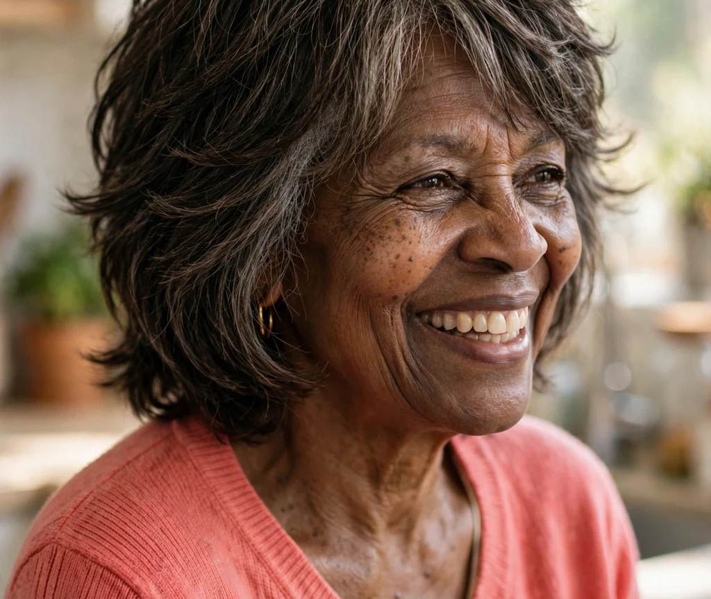 Classic layered shag on dark brown hair with gray temples, Black woman in her early 60s, coral cardigan, bright kitchen
