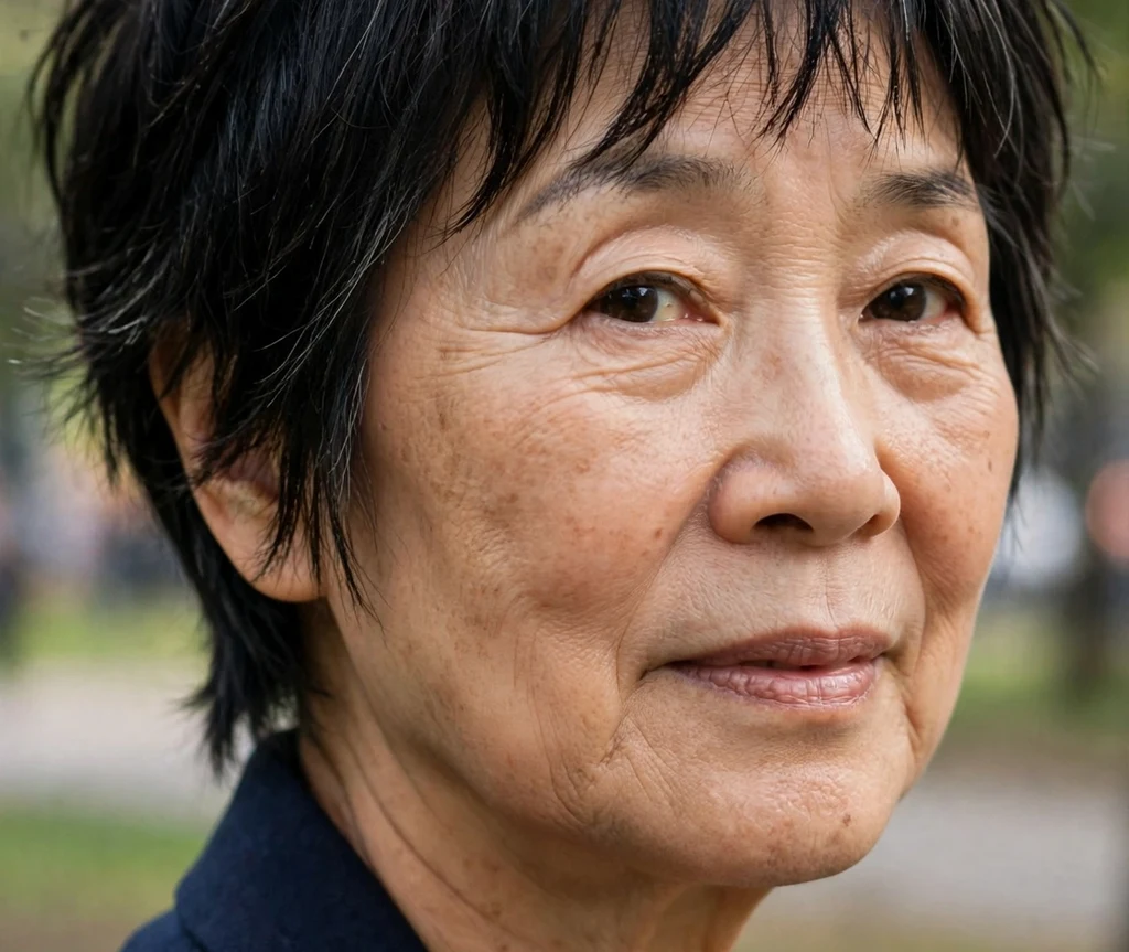Short shaggy pixie on sleek black hair, East Asian woman in her mid 60s, navy blazer, city park