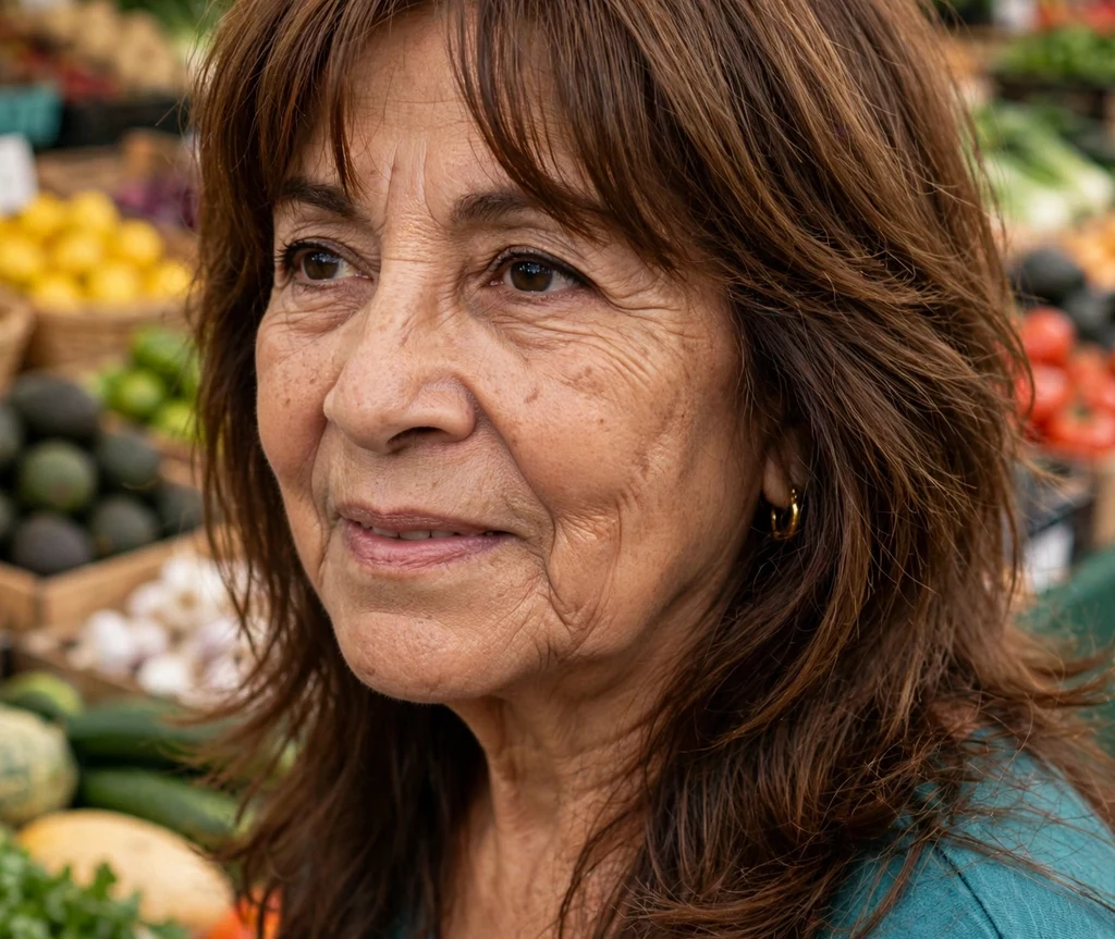 Medium shag with curtain bangs on chestnut brown hair, Latina woman in her early 60s, teal top, farmers market