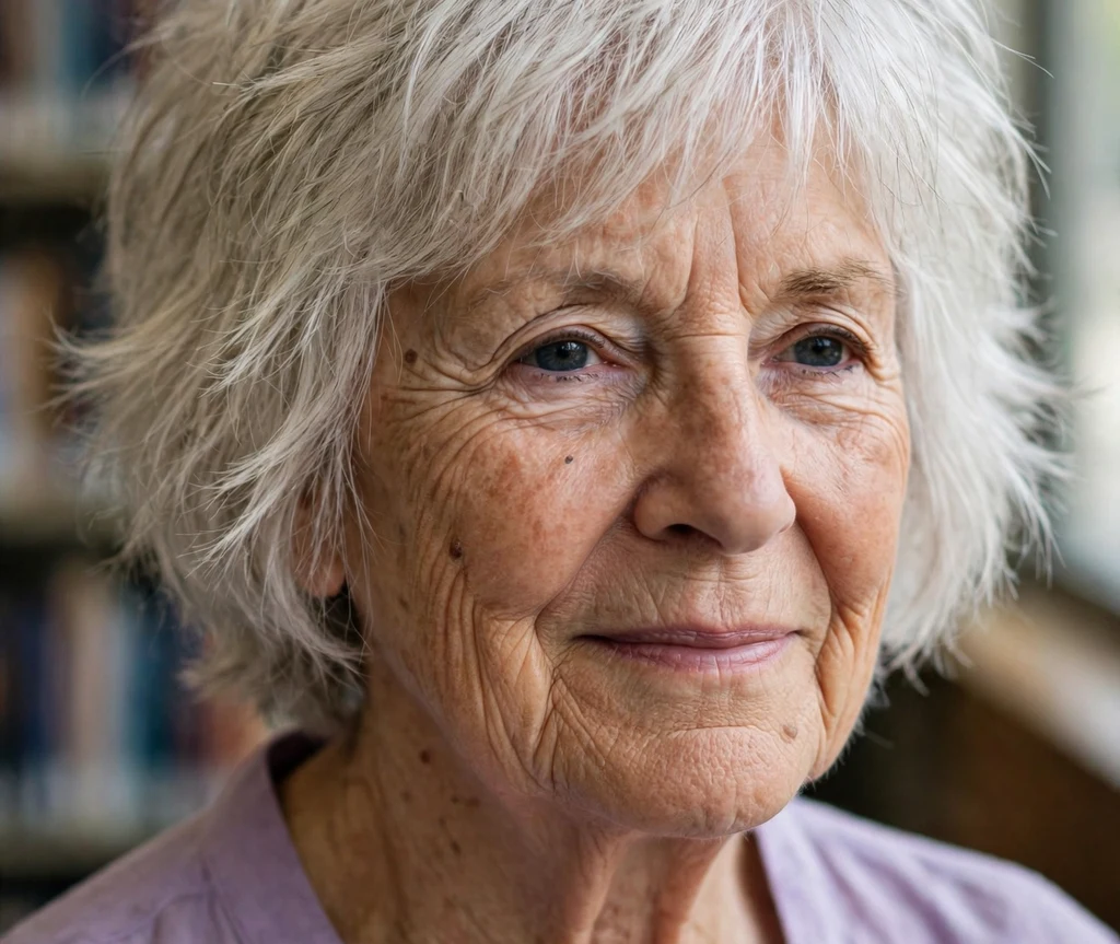 Textured shaggy bob on white hair, woman in her mid 70s, lavender blouse, library