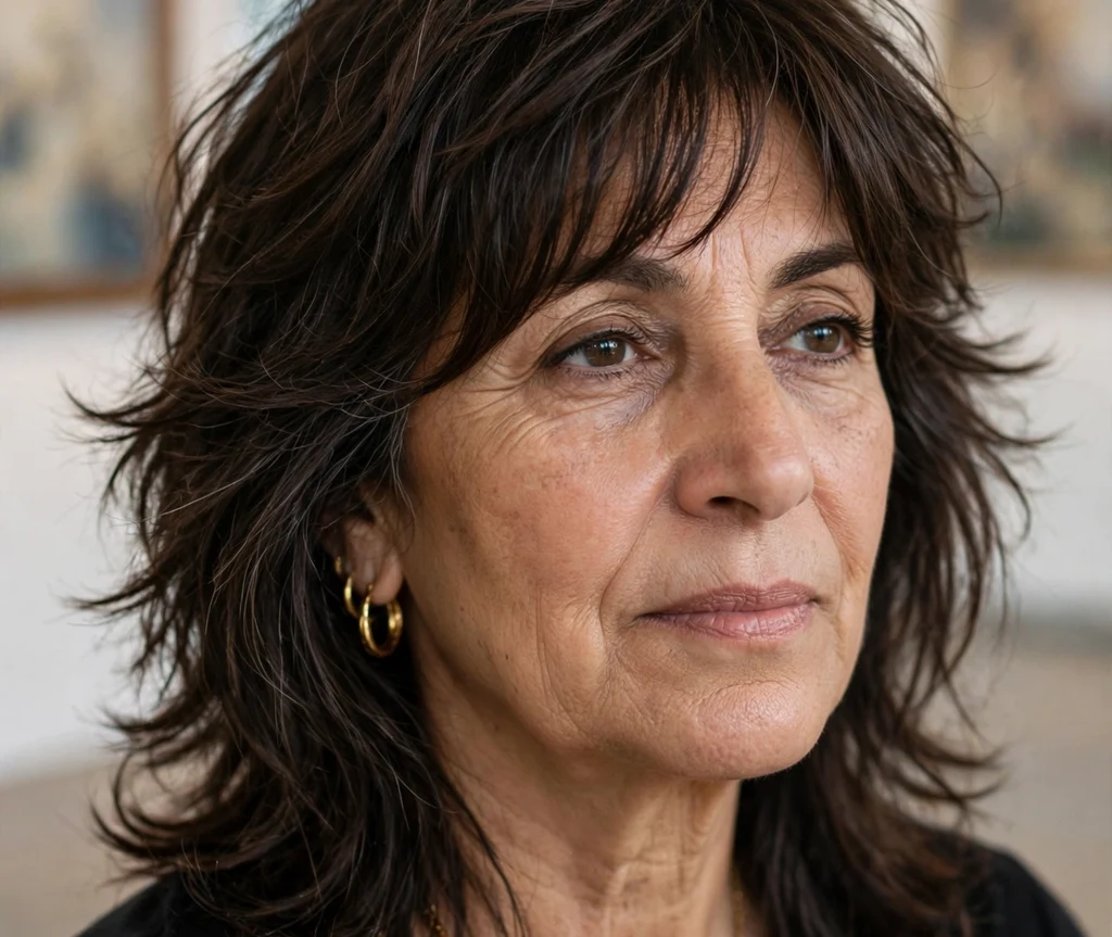 Feathered shag on dark brown hair, Middle Eastern woman in her late 50s, black top with gold jewelry, art gallery
