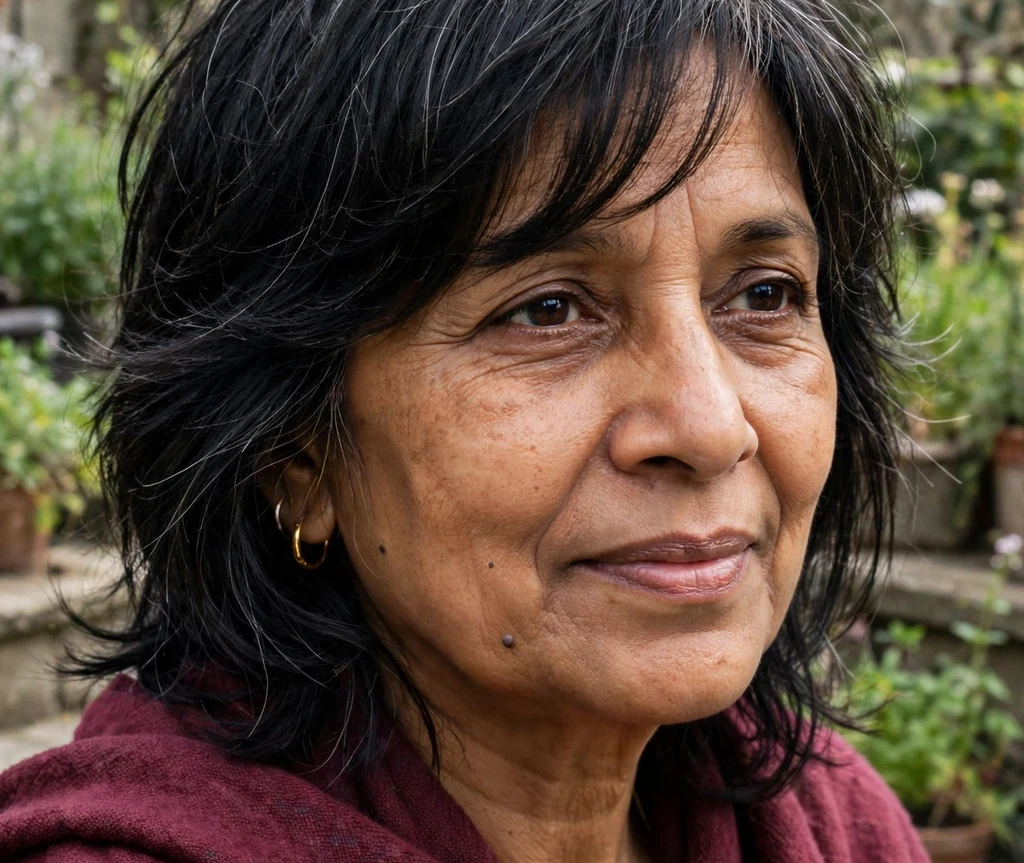 Wispy shag with side-swept bangs on black hair, South Asian woman in her late 50s, maroon shawl, garden terrace