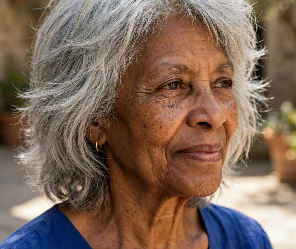 Silver shag on silver-gray hair, Black woman in her late 60s, royal blue dress, sunlit courtyard
