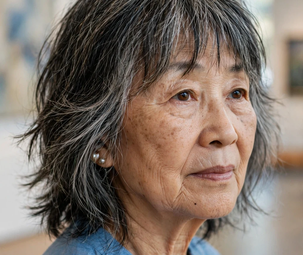 Salt-and-pepper shag, East Asian woman in her early 70s, sky blue top, museum gallery