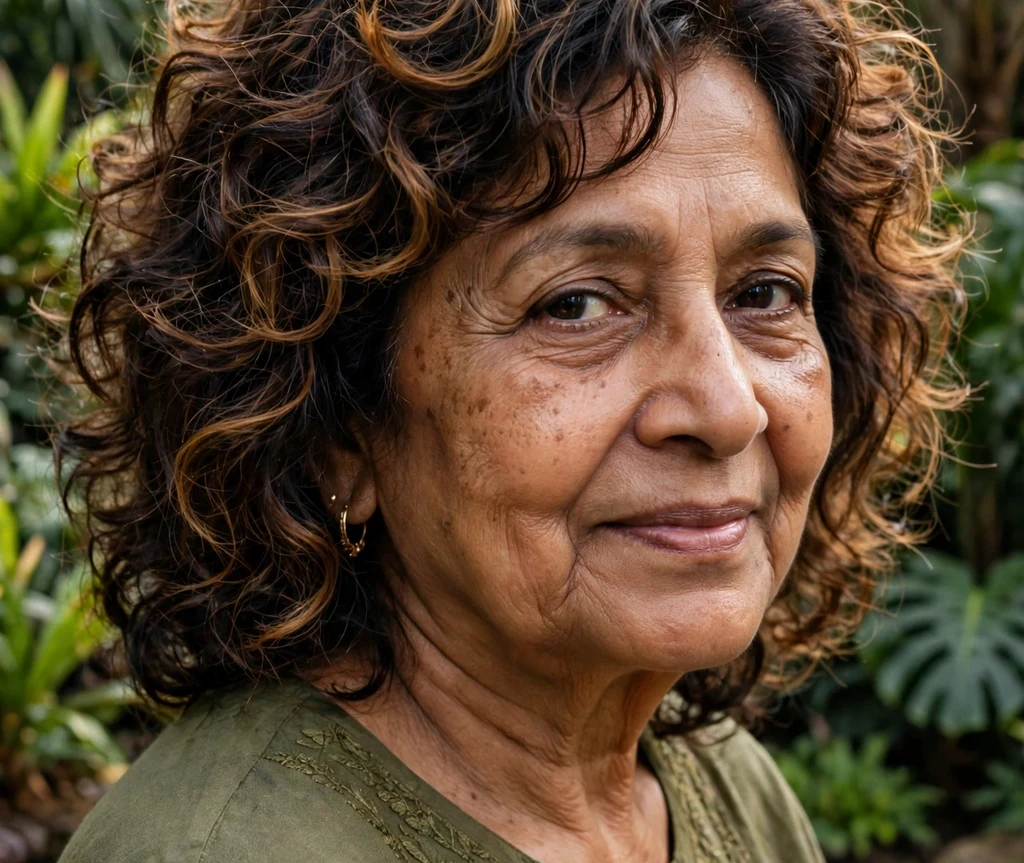 Curly shag on dark hair with caramel highlights, South Asian woman in her mid 60s, olive green kurta, botanical garden
