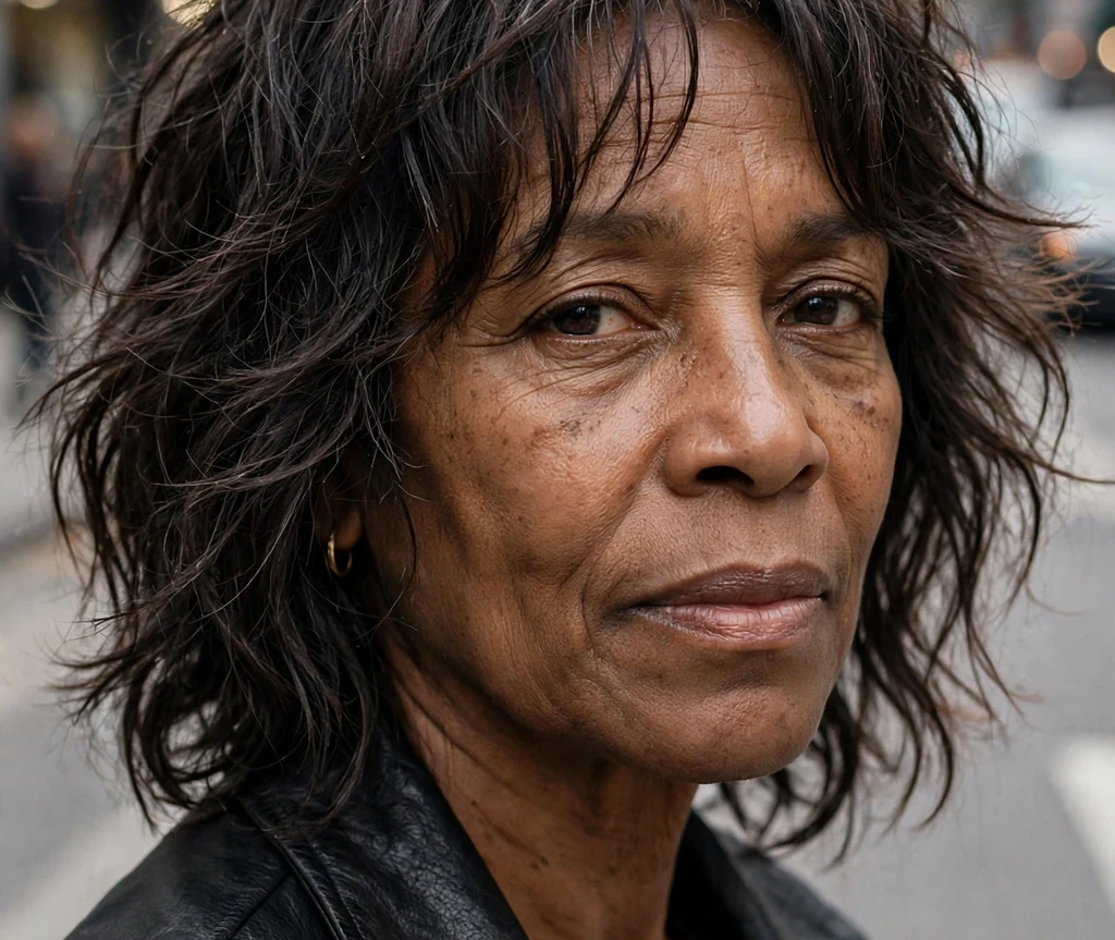 Wavy shag on dark brown hair, Black woman in her late 50s, leather jacket, city street
