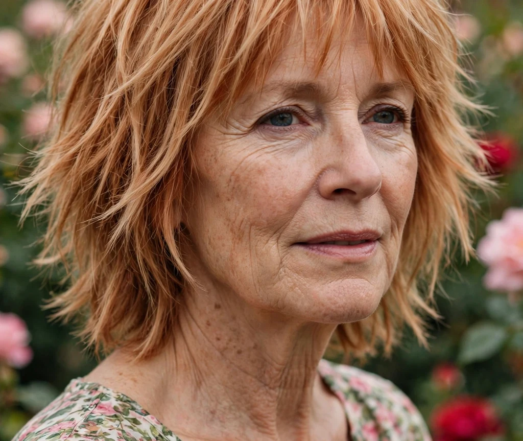 Choppy shag on strawberry blonde hair, woman in her mid 60s, floral dress, rose garden