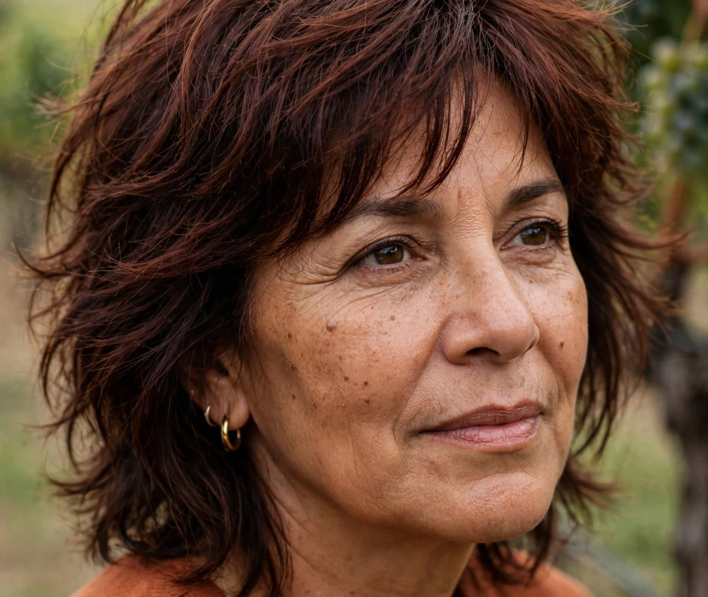 Tousled shag on dark auburn hair, Latina woman in her late 50s, rust-colored top, vineyard