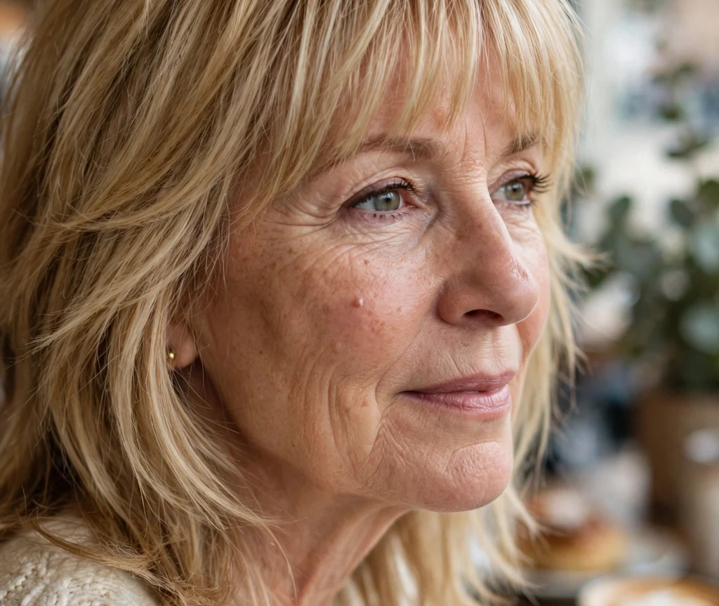 Shag with full bangs on honey blonde hair, woman in her early 60s, cream sweater, cozy café