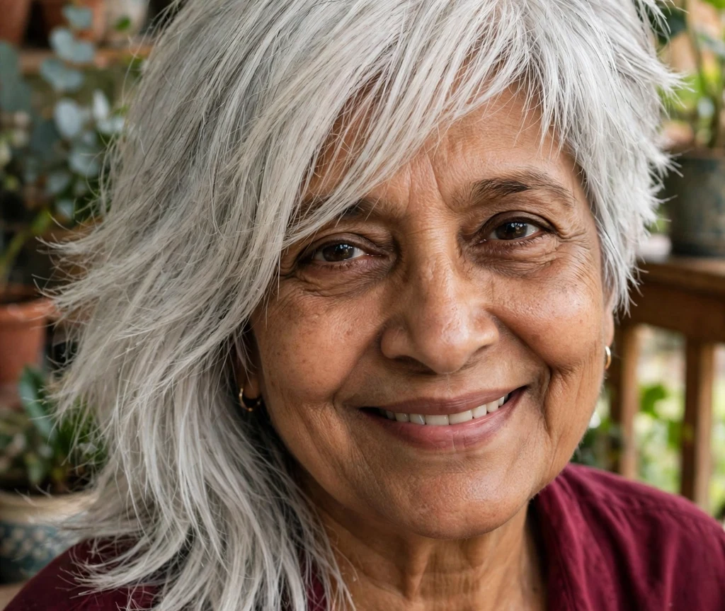 Asymmetrical shag on silver hair, South Asian woman in her early 70s, burgundy blouse, home veranda