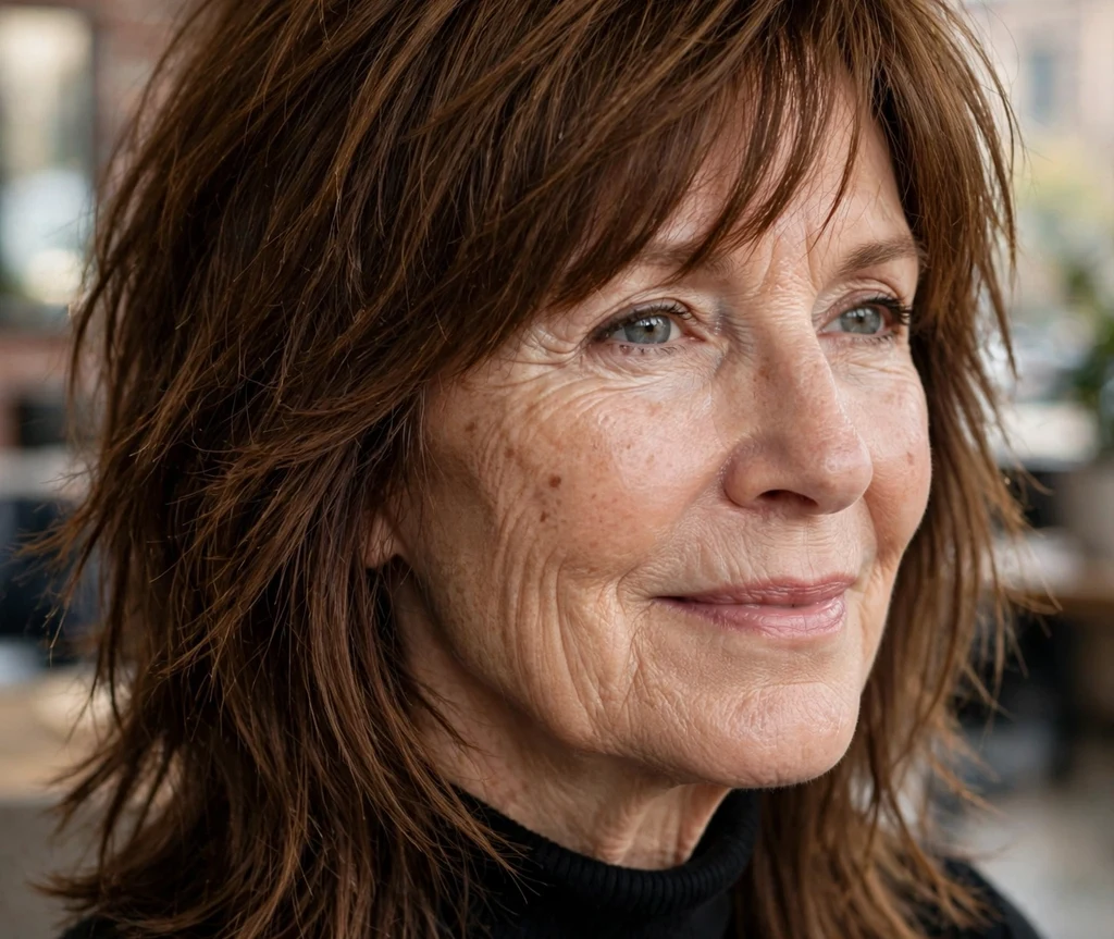 Razored shag on chestnut brown hair, woman in her mid 60s, black turtleneck, modern loft