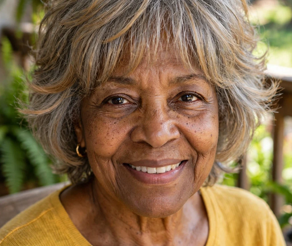 Soft shag with highlights on natural gray hair, Black woman in her mid 70s, mustard yellow top, sunny porch