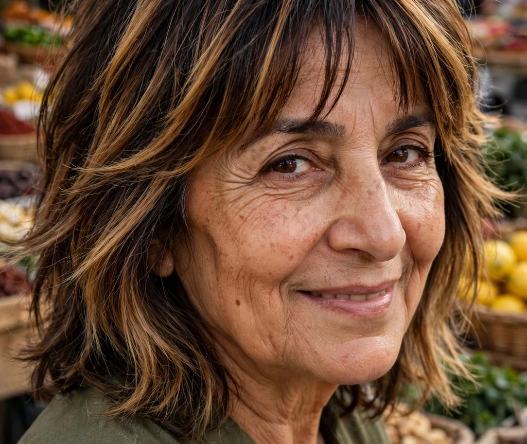 Balayage shag on dark hair with caramel balayage, Middle Eastern woman in her early 60s, olive blouse, outdoor market