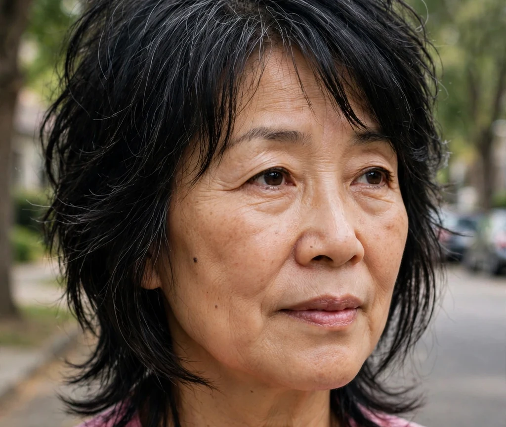 Shag with crown volume on black hair, East Asian woman in her late 50s, pink blouse, tree-lined street