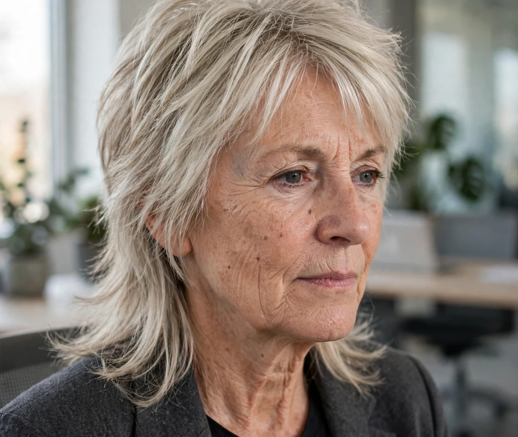Modern soft shaggy mullet on ash blonde hair, woman in her late 60s, charcoal blazer, bright office