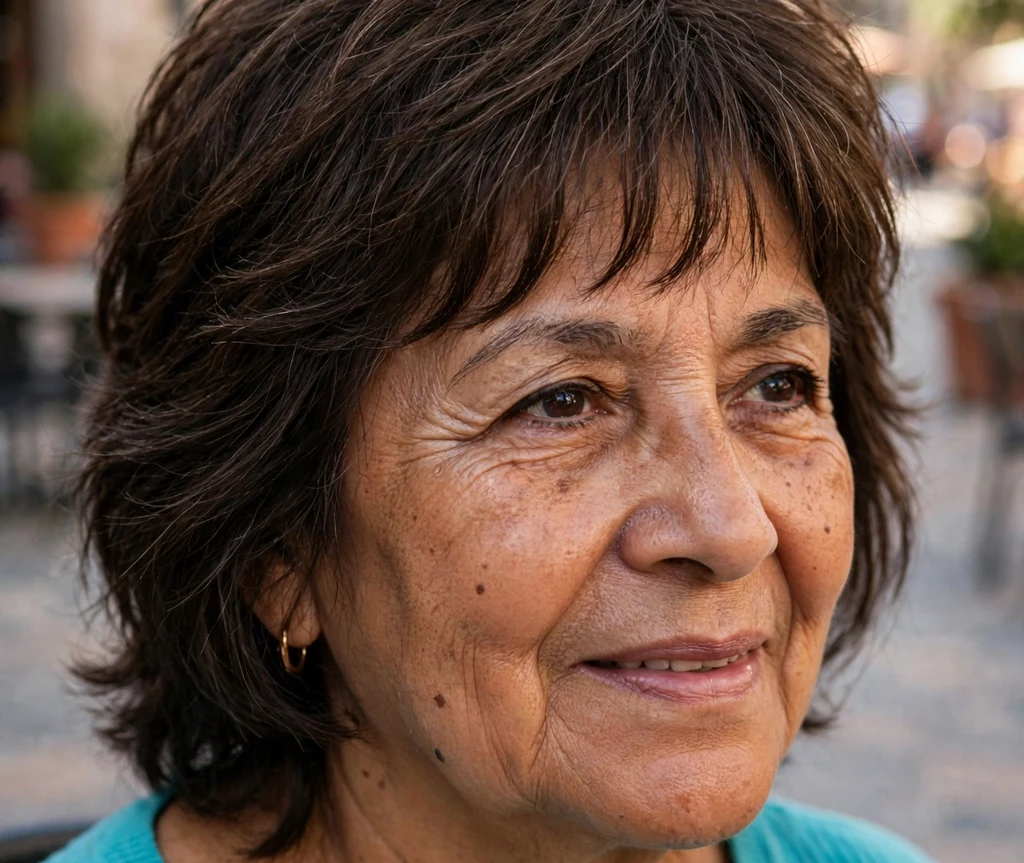 Shag with micro bangs on dark brown hair, Latina woman in her late 60s, turquoise top, town plaza