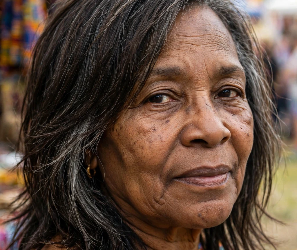 Side-parted shag on dark hair with gray streaks, Black woman in her mid 60s, Ankara print top, cultural festival