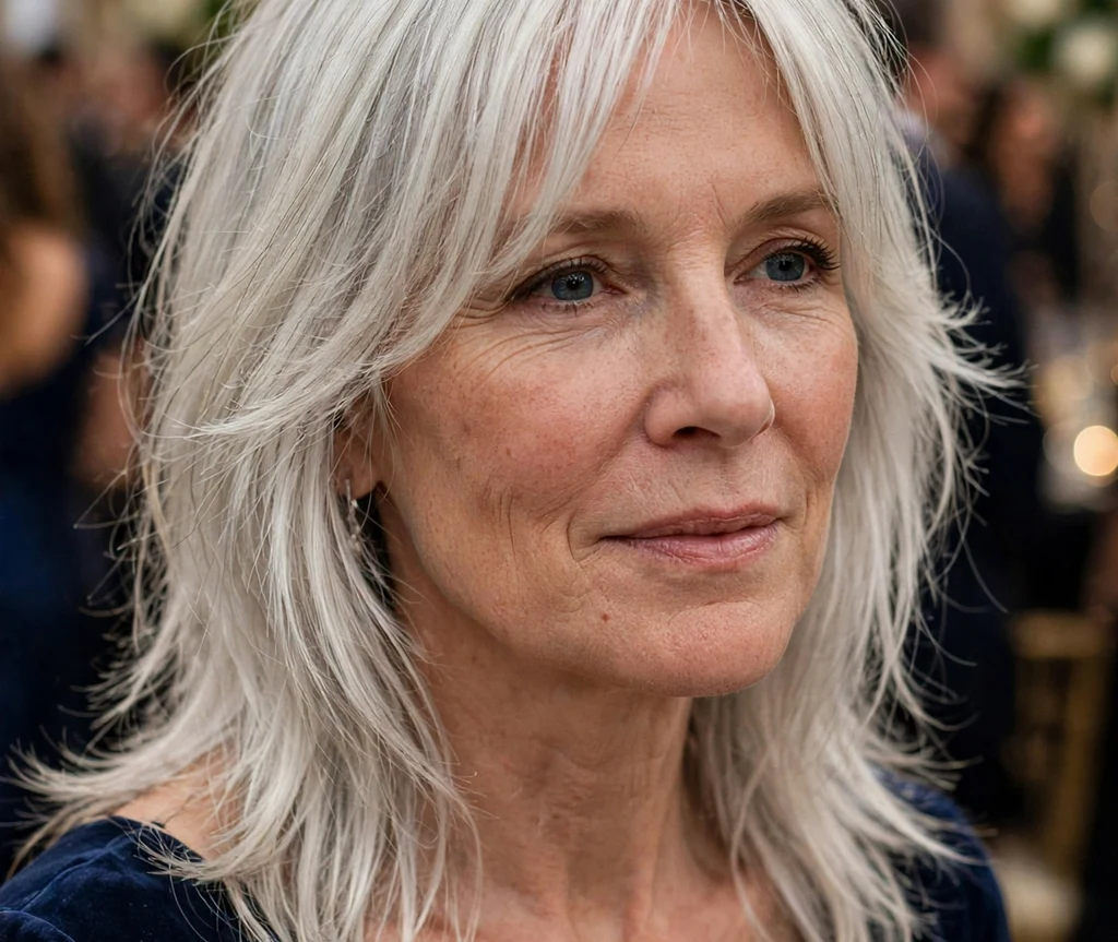 Center-parted shag on platinum silver hair, woman in her late 50s, navy evening gown, gala ballroom