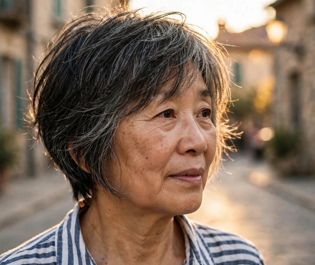 Shag with tapered nape on dark hair with gray streaks, East Asian woman in her late 60s, striped shirt, old town street
