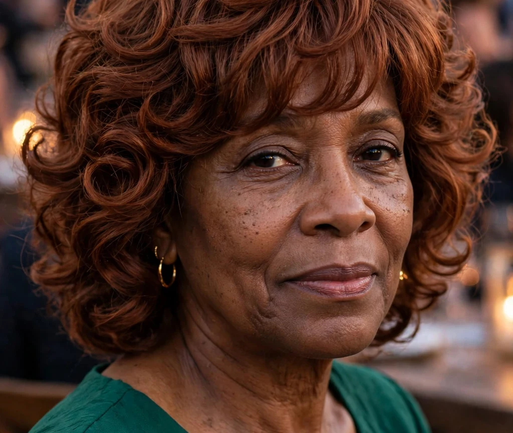 Permed shag with soft auburn curls, Black woman in her early 60s, emerald dress, evening event