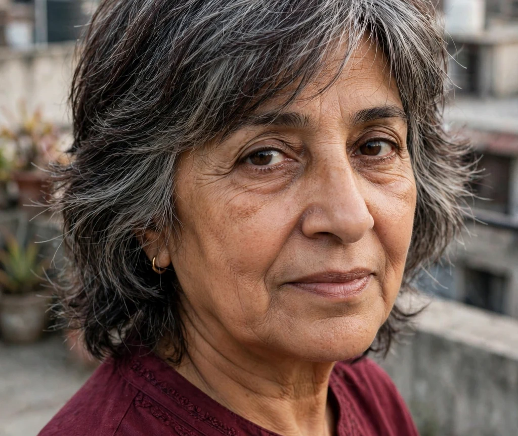 Gray blending shag on salt-and-pepper hair, Middle Eastern woman in her early 60s, maroon kurta, rooftop terrace