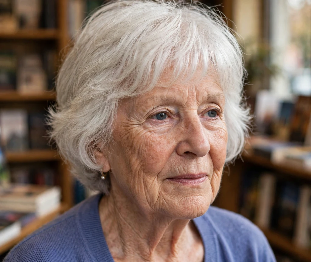 Rounded shag on white hair, woman in her late 70s, periwinkle cardigan, bookstore