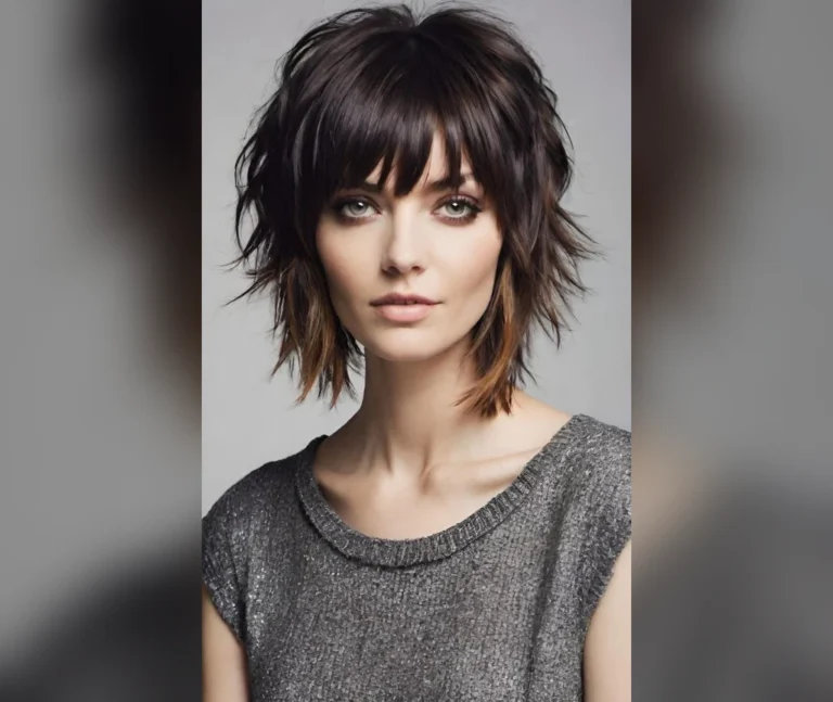 Playful shaggy bob haircut with bangs and layered texture on a woman in a park