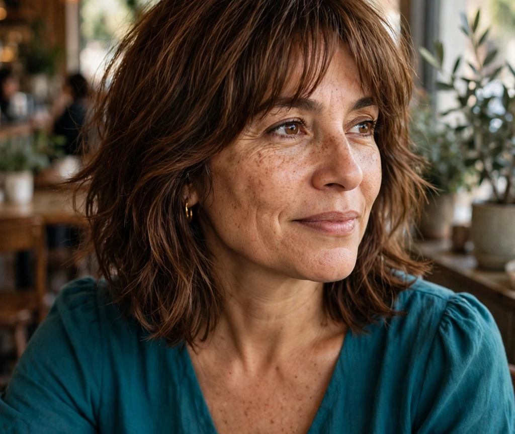 Classic layered shaggy bob with curtain bangs on chestnut brown hair