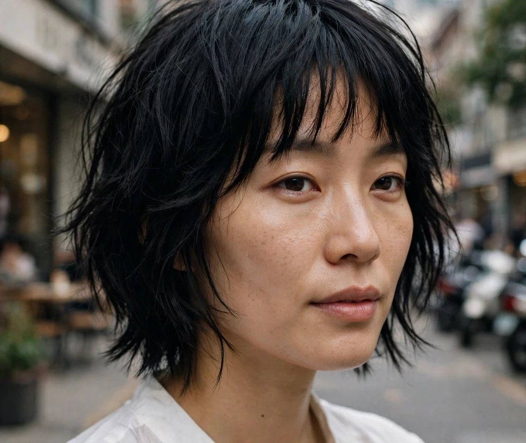 Choppy shaggy bob with wispy bangs on jet black hair